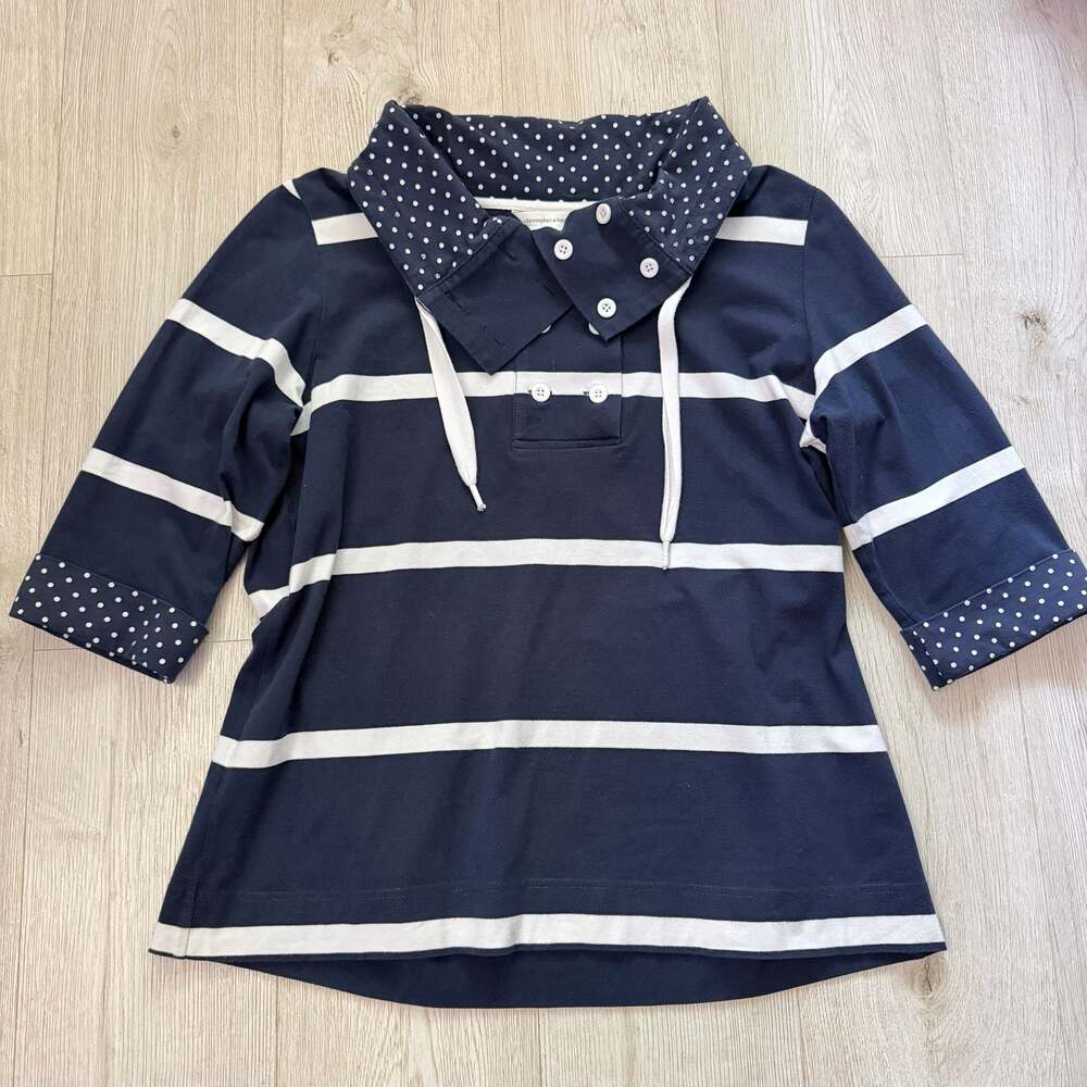 Christopher & Banks Navy Blue White Striped Polka Dot Top